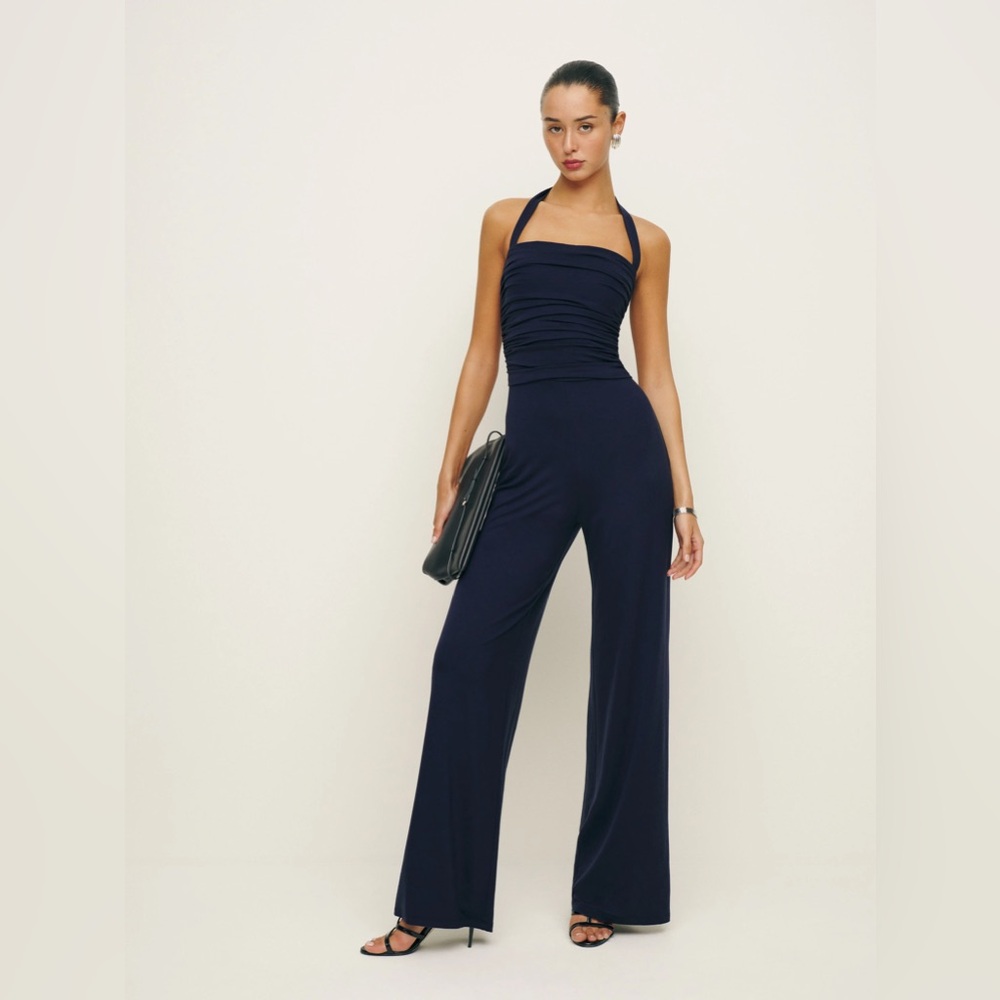 Reformation Navy Halter Jumpsuit